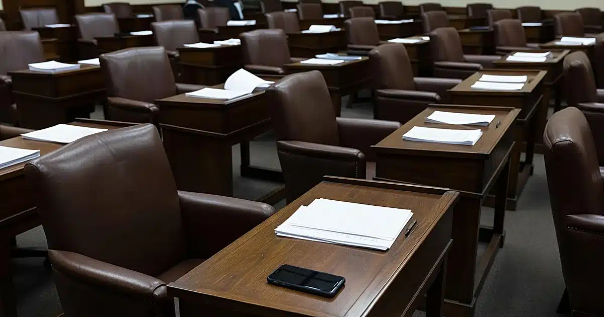 Smartphone lying on wooden desk in empty Senate chamber with scattered papers and leather chairs