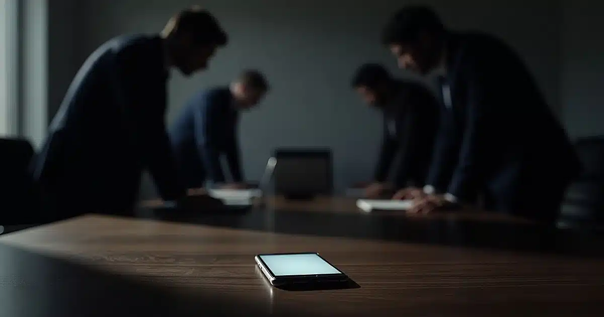Smartphone on desk with silhouetted figures in background during tense political meeting