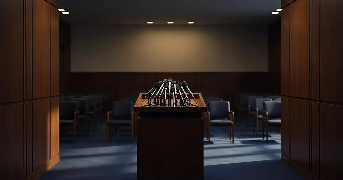 Empty presidential briefing room with podium and microphones under dramatic lighting