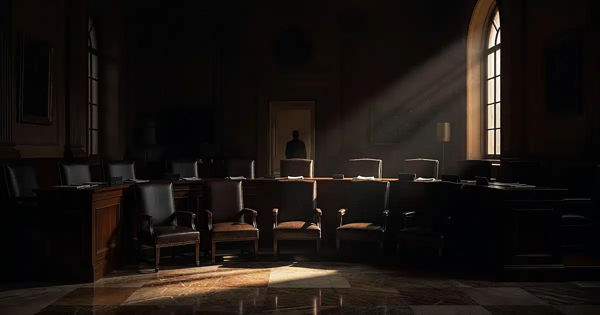 Empty Supreme Court bench with one chair highlighted by morning light, silhouette in distant doorway