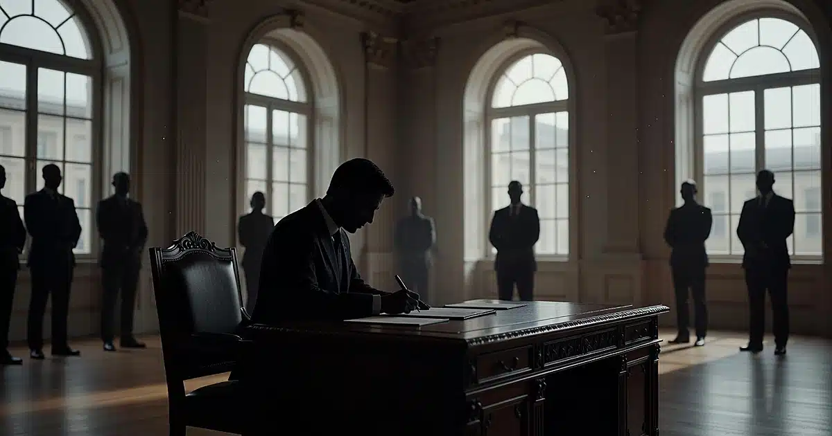 Silhouetted figure at desk signing document while other silhouettes stand in formal White House room