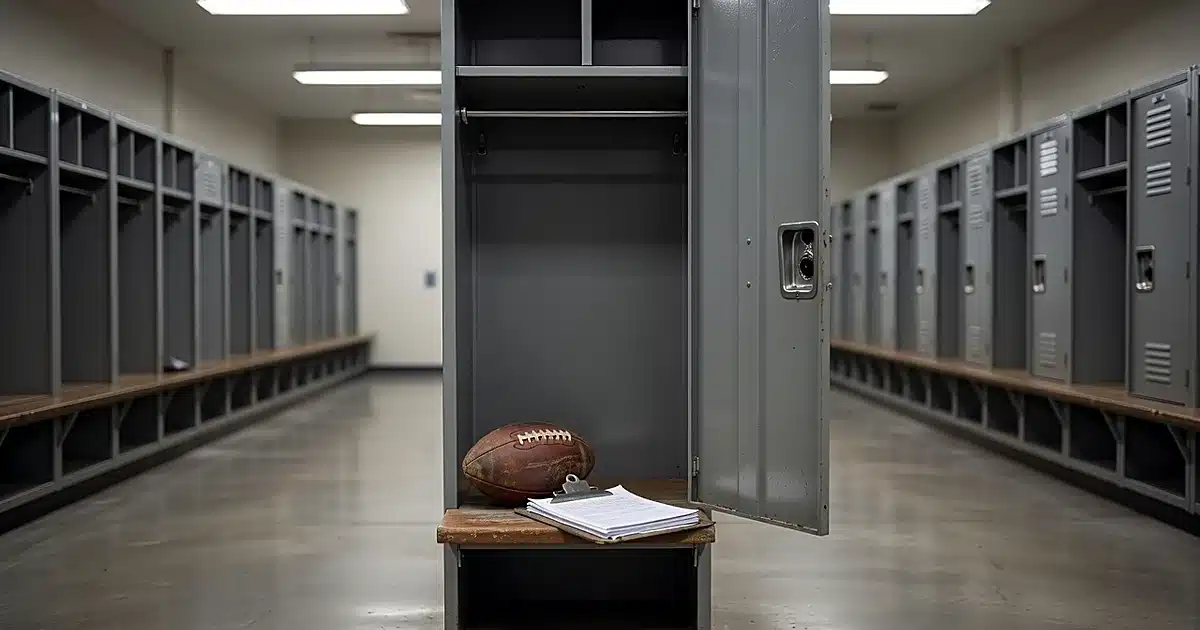Empty NFL locker room with open locker containing football and clipboard on wooden bench