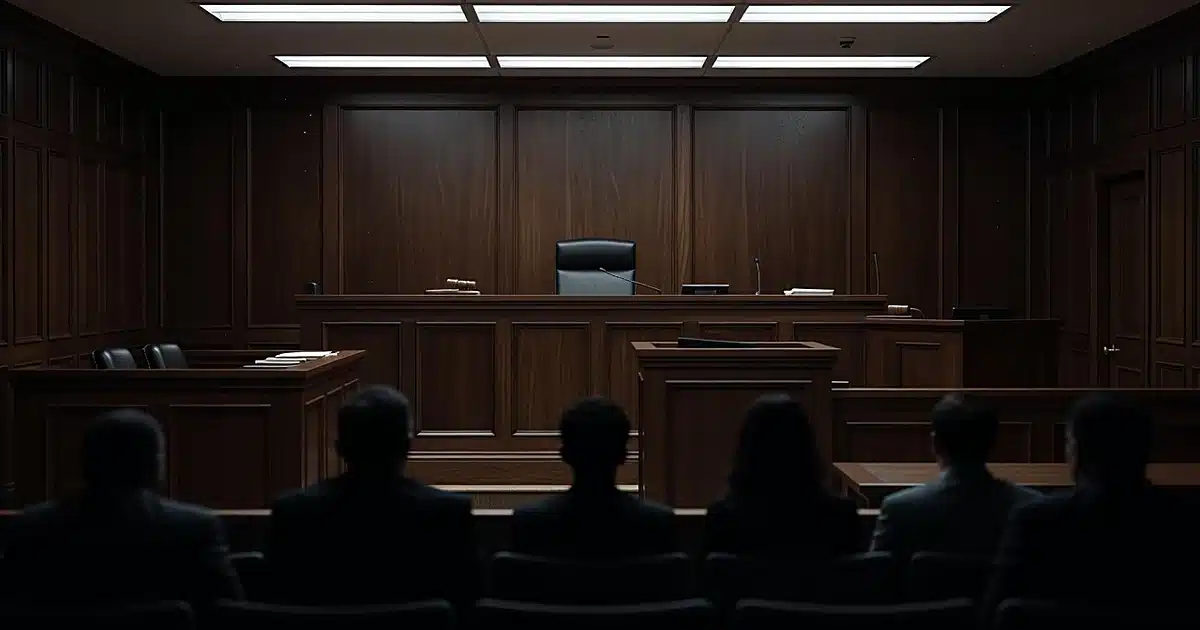 Empty courtroom with silhouetted figures seated in defendant section facing judge's bench