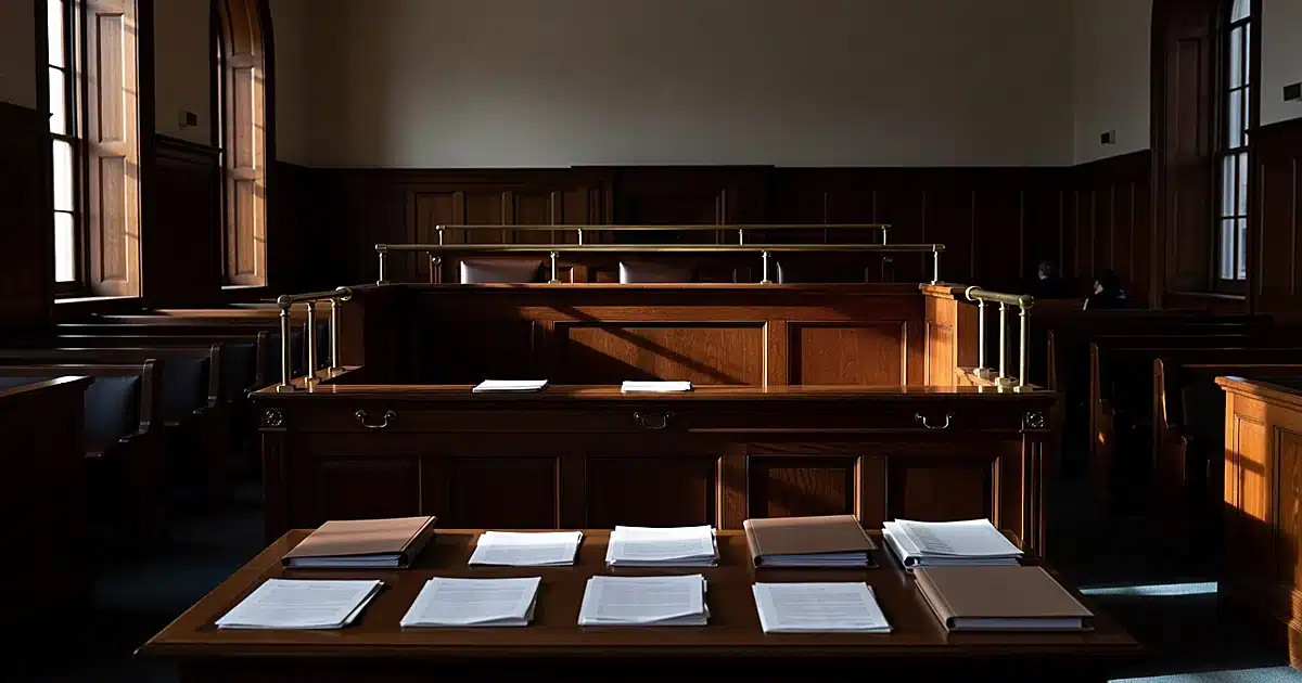 Empty New York courthouse interior with judicial bench and prosecutor's table with legal documents