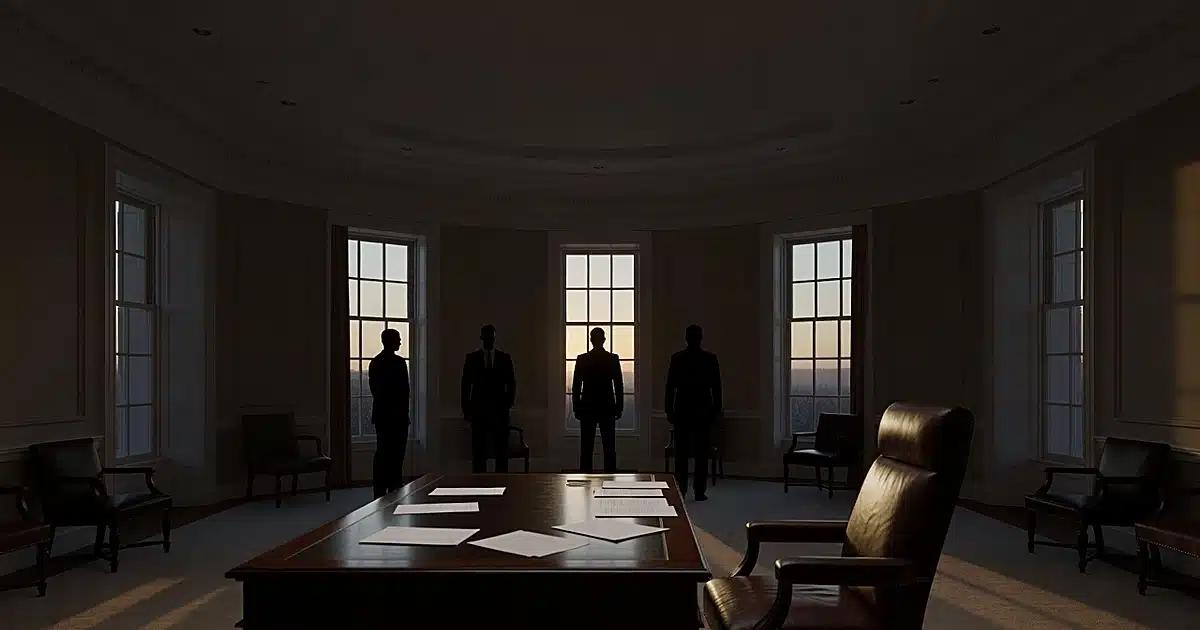 Presidential desk with scattered documents and three silhouetted figures standing near windows at dusk