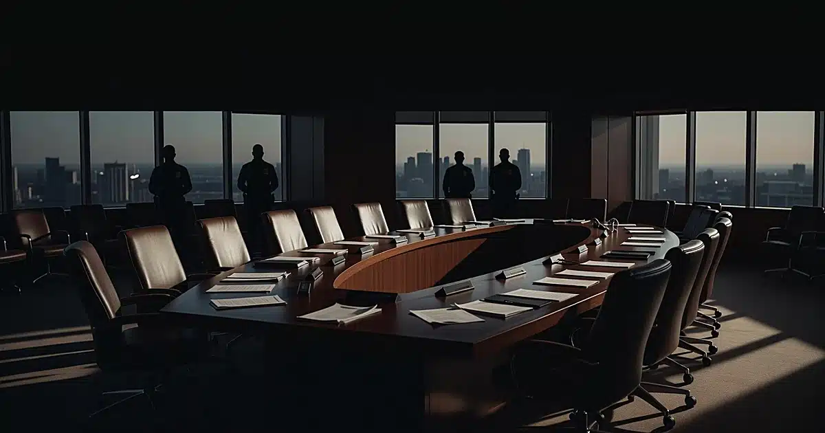 Empty UN-style conference room with scattered papers and pushed-back chairs after abrupt diplomatic departure