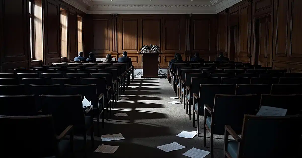 Empty government press briefing room with microphones at podium and scattered papers on chairs
