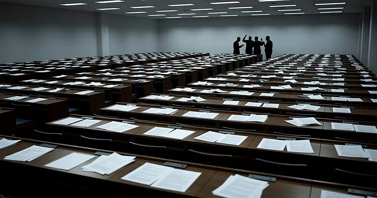 Empty government assembly chamber with scattered papers and distant silhouetted figures in discussion