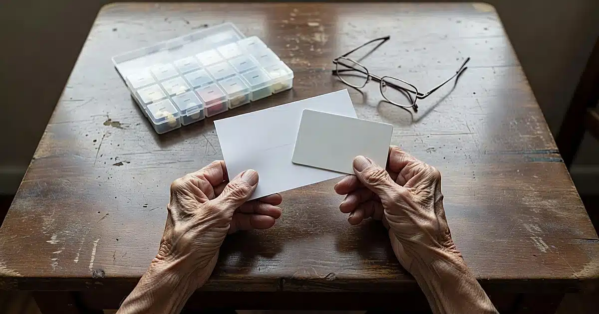 Elderly hands holding blank check and Medicare card on kitchen table with pill organizer nearby