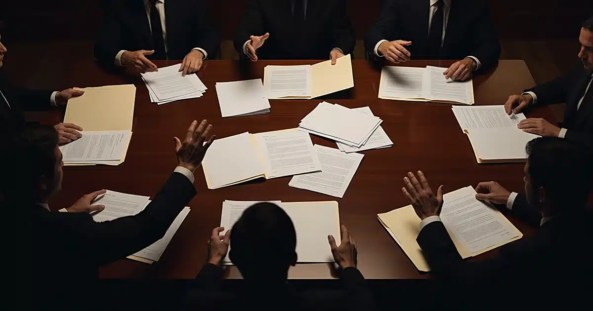 Silhouetted hands reaching across boardroom table covered with scattered legal documents in dramatic lighting