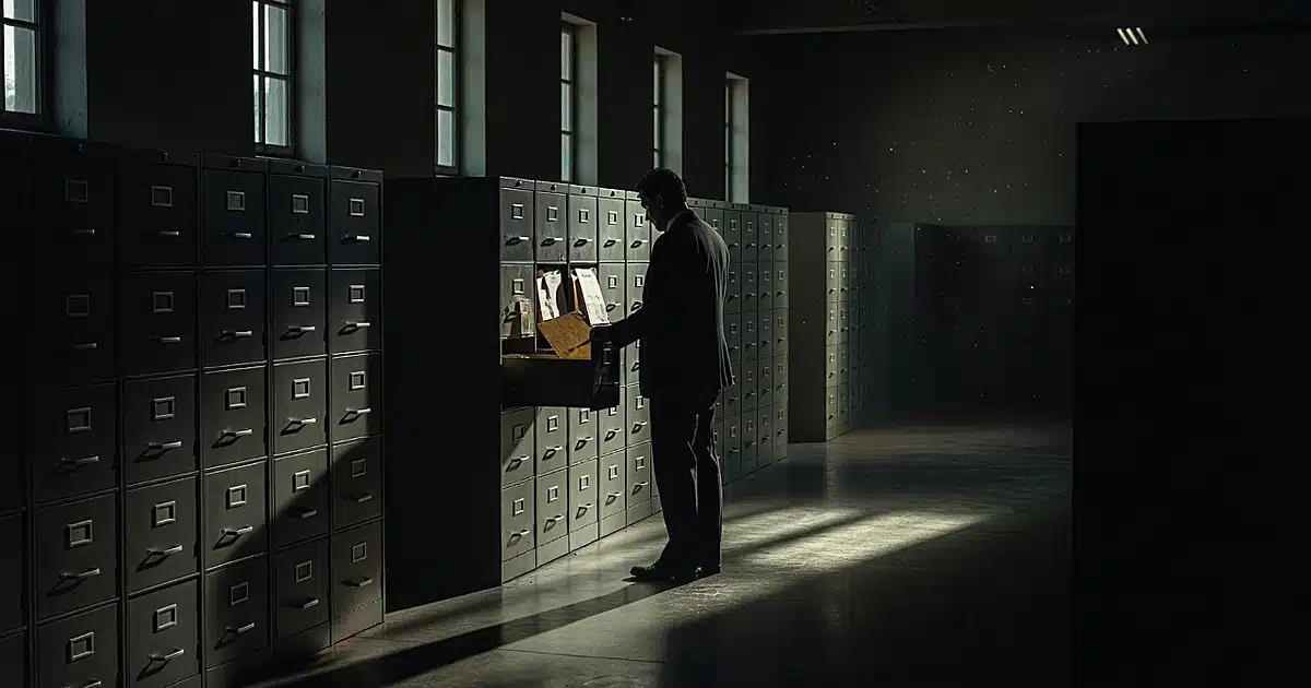Silhouetted figure retrieving documents from filing cabinets in dimly lit government archive room