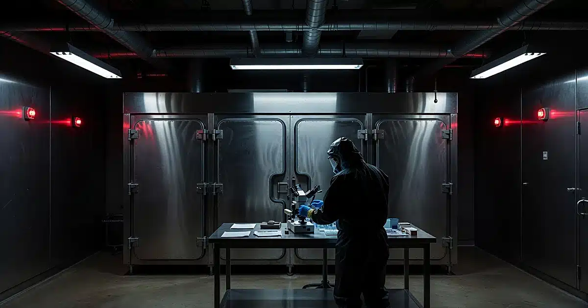 Biosafety laboratory with sealed containment chamber and silhouetted hazmat-suited worker at equipment bench