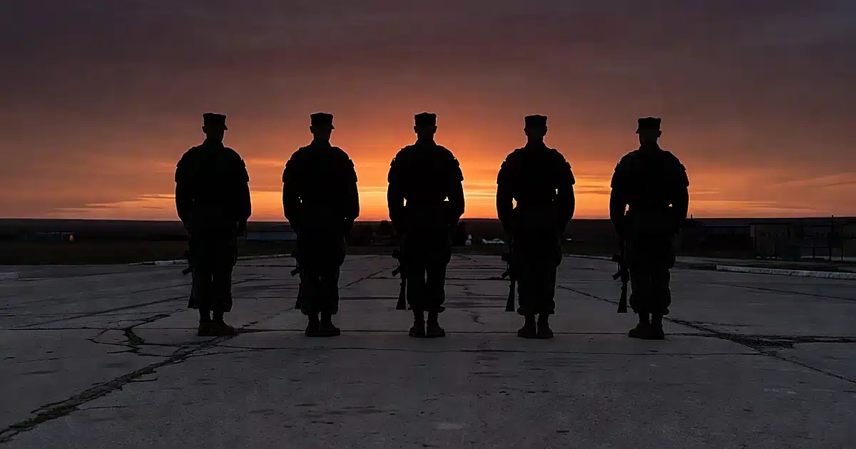 Military firing squad formation silhouetted at dusk on installation grounds with dramatic sky
