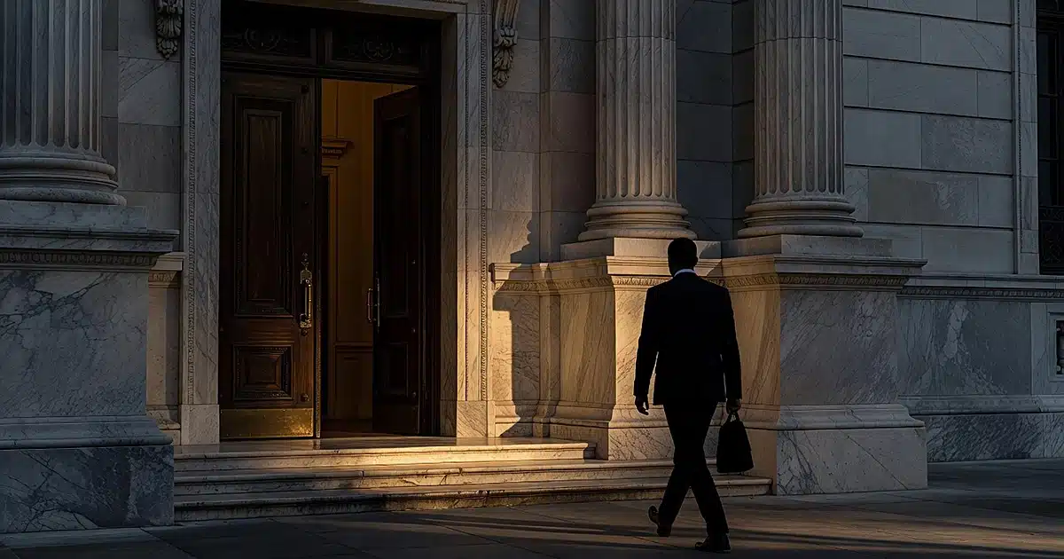 Silhouetted figure departing embassy building at dusk with ornate entrance and marble steps