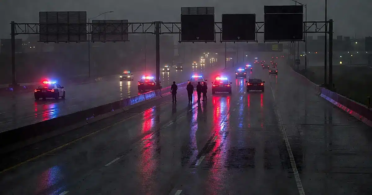 Night freeway scene with emergency vehicle lights reflecting on wet pavement and distant first responder silhouettes