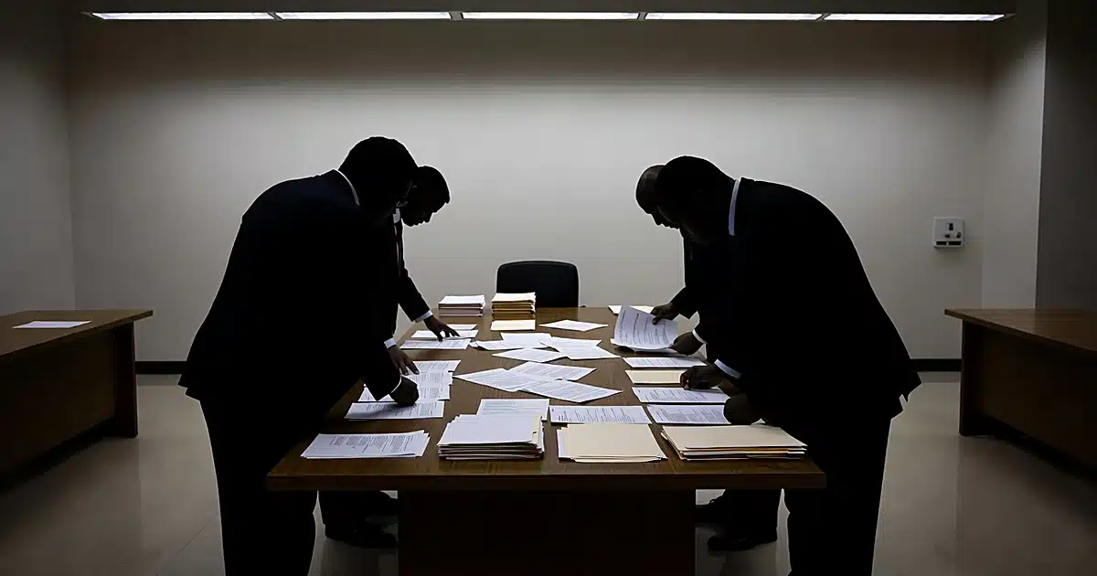 Federal investigators reviewing financial documents on table in examination room