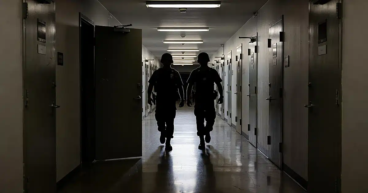 Military police silhouettes walking through Marine Corps barracks corridor with fluorescent lighting overhead