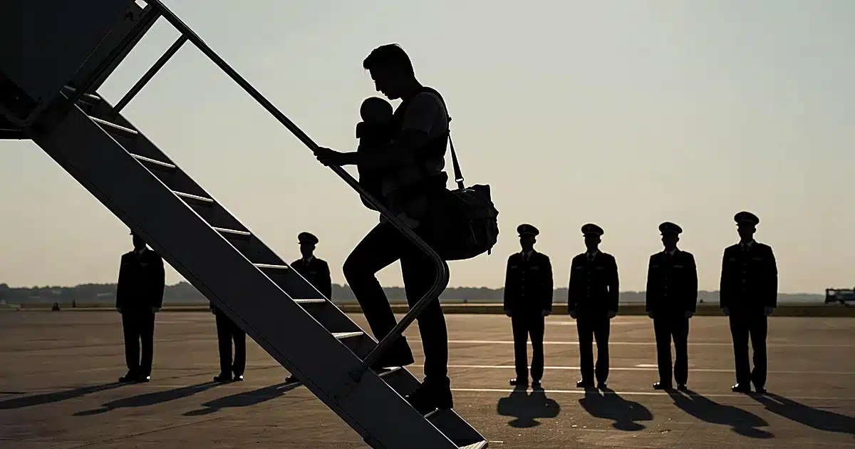 Silhouette descending aircraft stairs with infant in carrier, hand on railing, service members below
