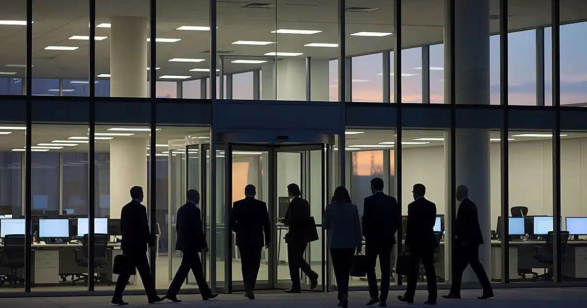 Corporate office entrance at dusk with silhouetted figures exiting through glass doors