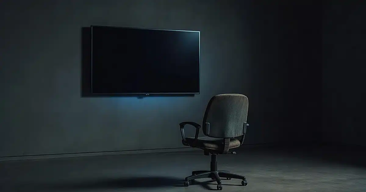 Empty chair faces a blank monitor in a dark room, symbolizing the choice not to watch a controversial broadcast