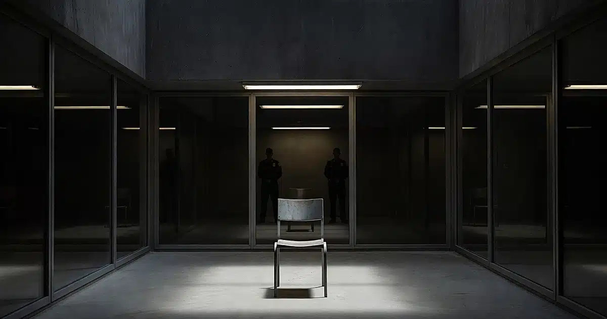 Empty execution chamber with metal chair and silhouetted personnel in military facility
