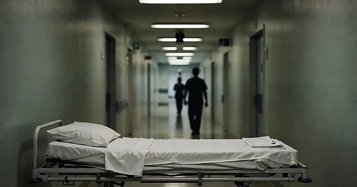 Hospital gurney in corridor with medical staff silhouette walking away under fluorescent lighting