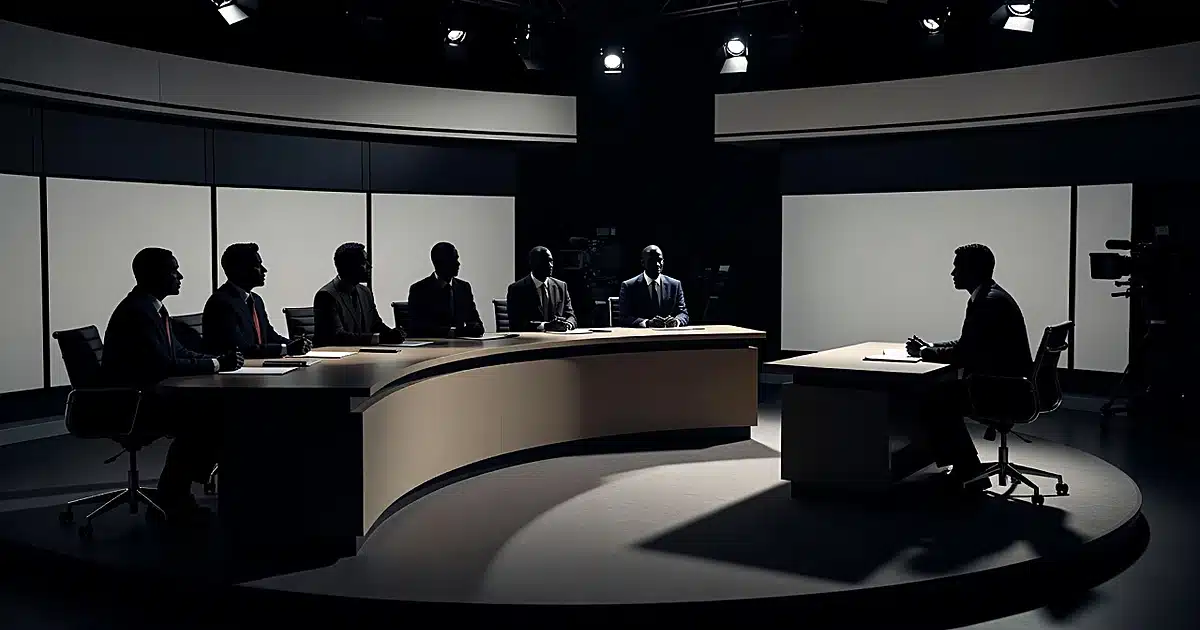 Silhouetted figures at curved television studio panel desk during live broadcast interview under studio lighting
