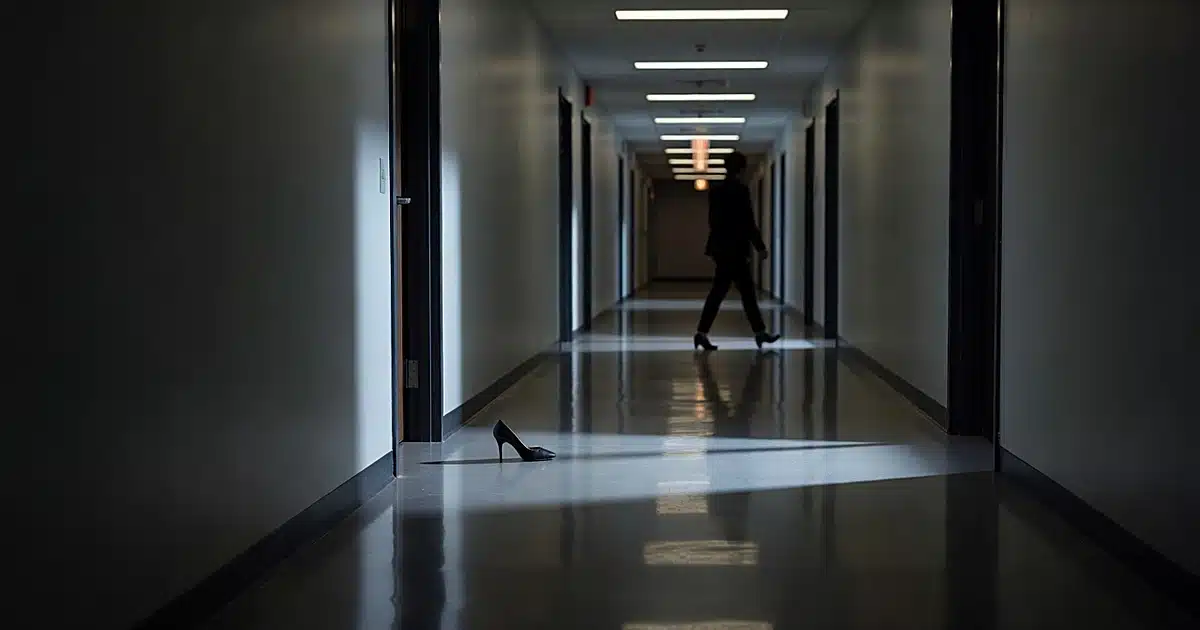 Empty television studio backstage corridor with abandoned high-heeled shoe on polished floor
