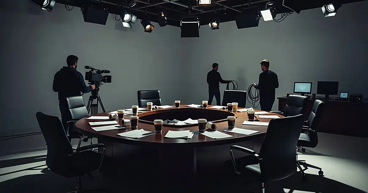 Empty broadcast studio desk with silhouetted crew members preparing equipment in background