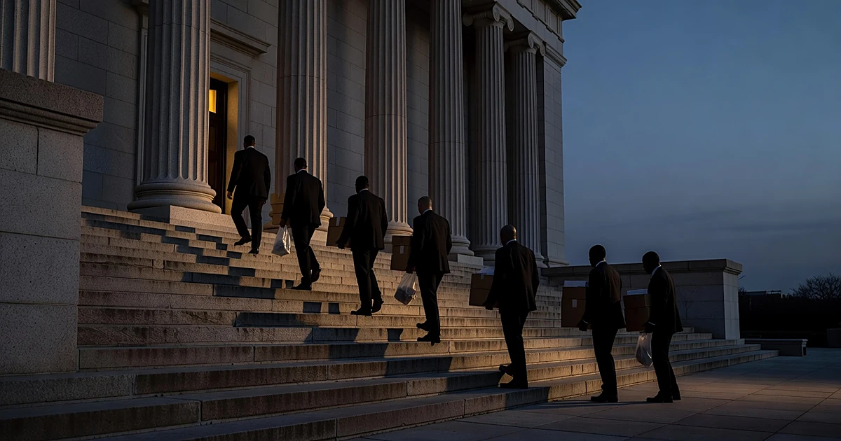 Federal agents in silhouette carrying evidence boxes up government building steps at dusk