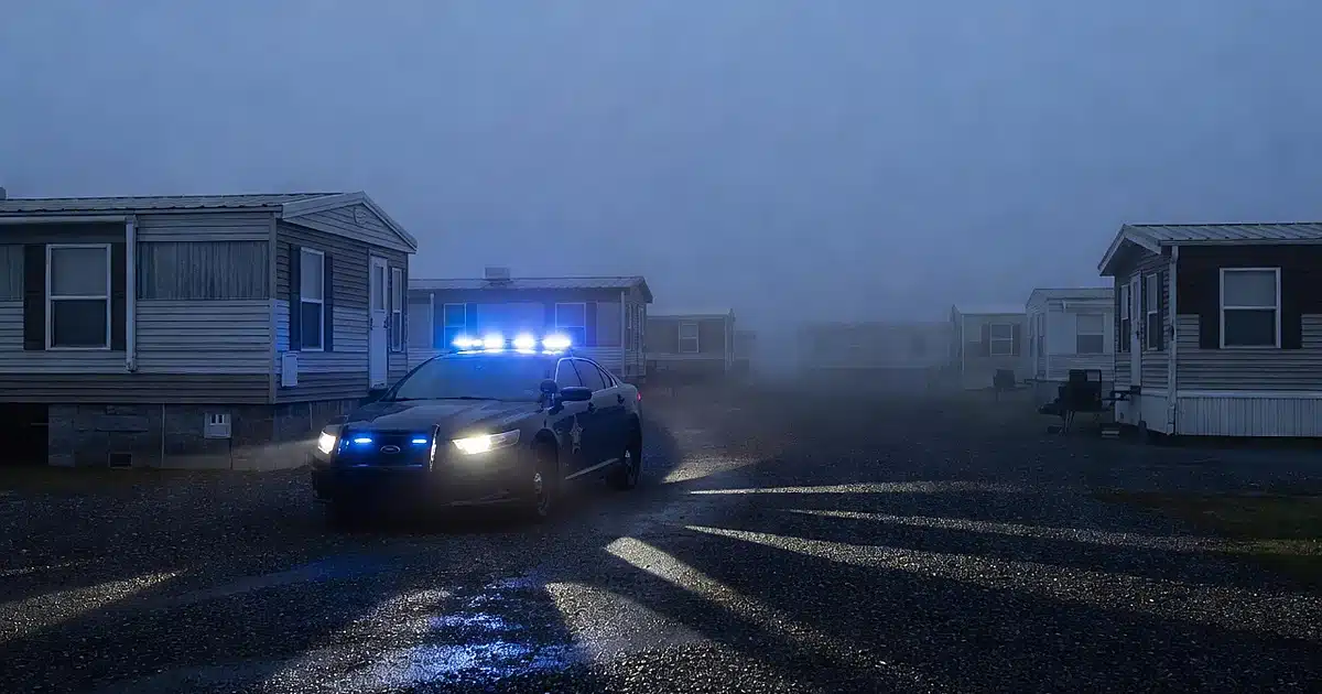 Sheriff's patrol car with flashing lights outside mobile home in pre-dawn darkness