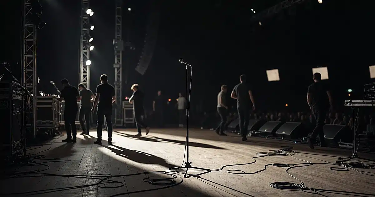 Concert stage with microphone stand and silhouetted crew members moving near lighting equipment in dramatic stage lighting