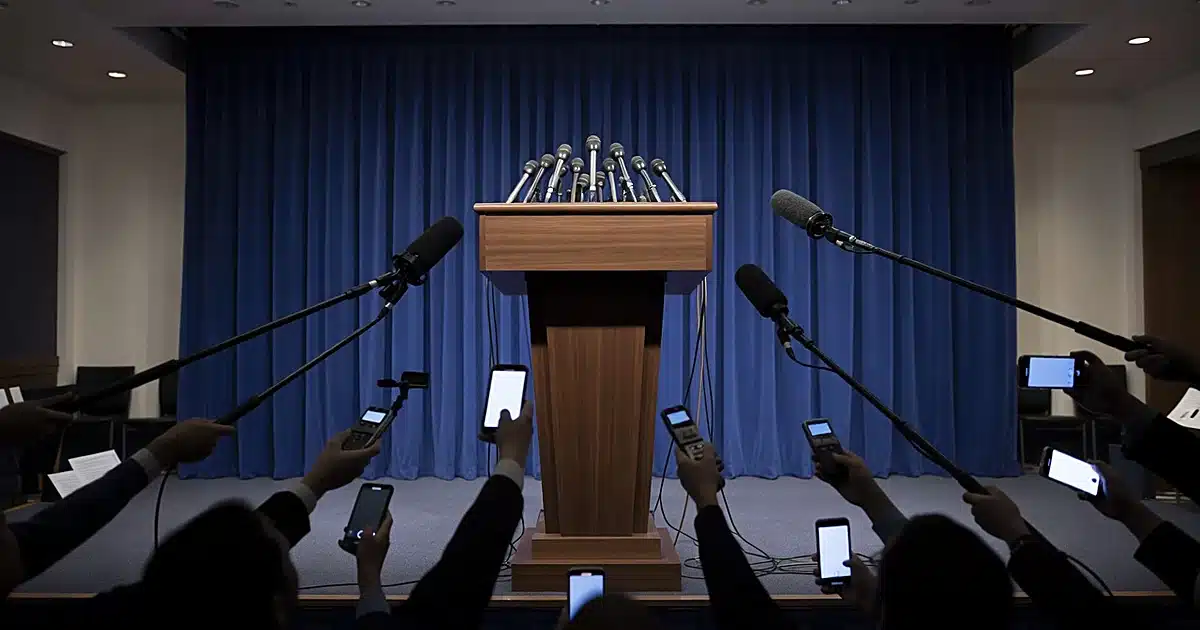 Empty White House press briefing podium with reporters' silhouetted arms holding recording devices in foreground
