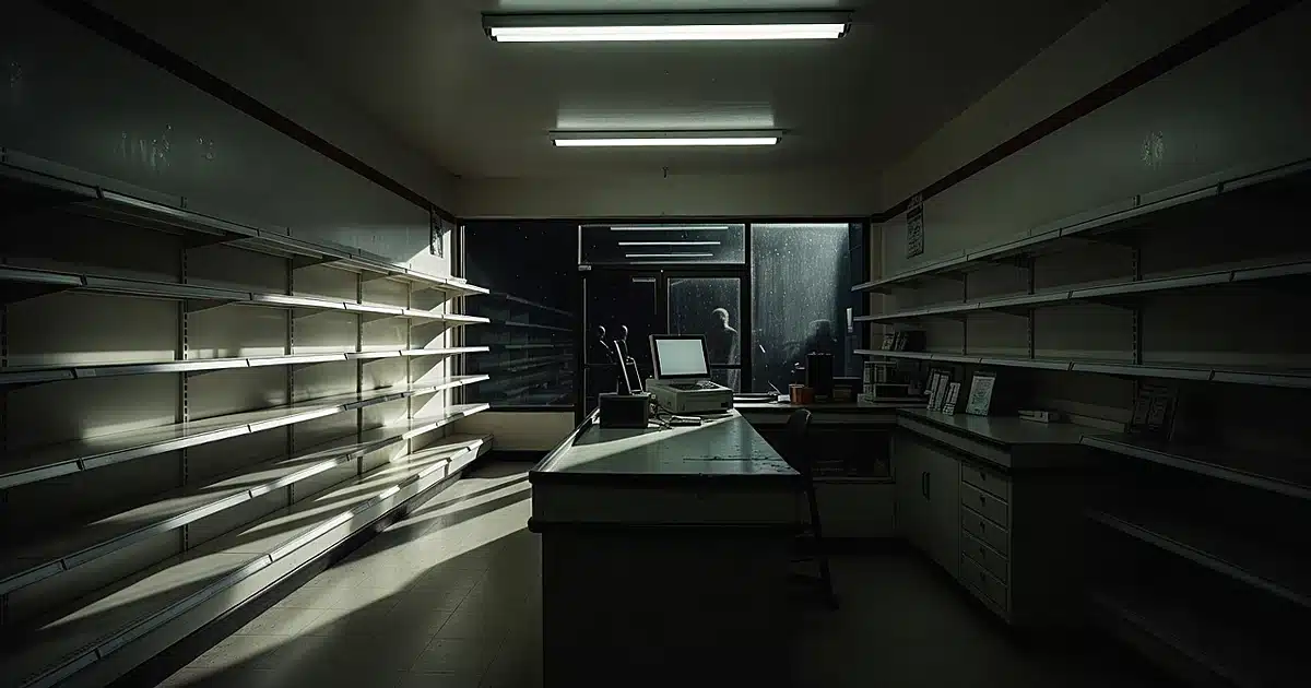 Dark gas station interior at night with empty counter and silhouettes visible through entrance doors