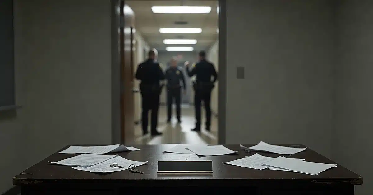 Empty principal's office desk with keys and papers, law enforcement silhouettes visible in background doorway