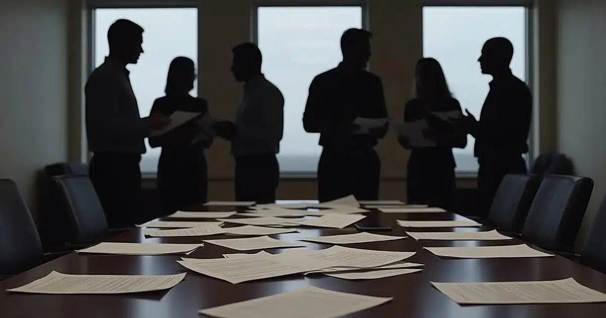 Conference room with scattered papers and silhouetted figures in tense discussion by windows