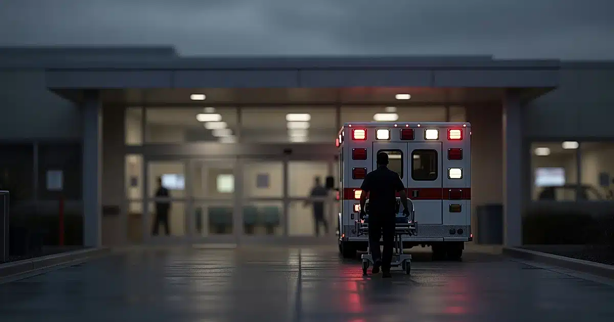 Ambulance with emergency lights at hospital entrance with paramedic silhouette moving gurney at dusk