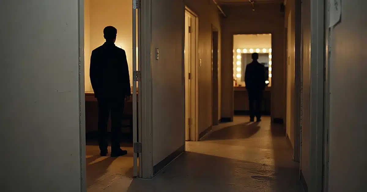 Two silhouetted figures standing in separate dressing room doorways in a backstage corridor