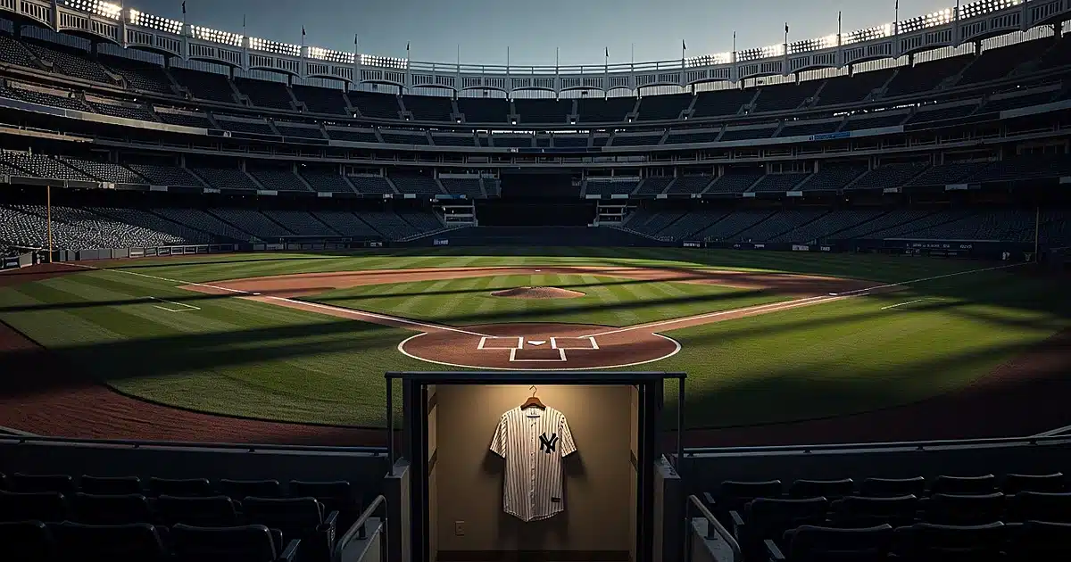 Empty baseball stadium at dusk with Yankees jersey hanging in foreground locker under warm lighting